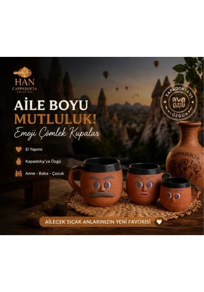 Kapadokya Çömlek Emojili Kahve Aile Kupa Seti 3lü Göl Yeşili