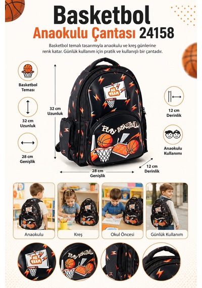 Basketbol Basketball Anaokulu Sırt Çantası 24158 32x28x12 Cm Çocuk Okul Öncesi Kreş Çantası Çok Renkli