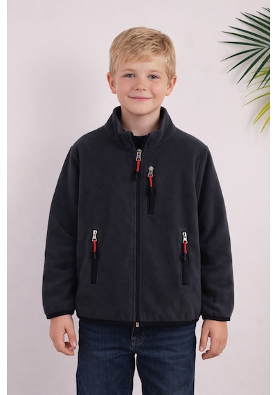 Monox Çocuk Lastik Manşetli Fermuarlı 3 Cepli Unisex Polar Ceket Füme