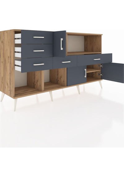 Kronos Konsol 2 Raflı 5 Çekmeceli 3 Kapaklı 176x59x99 Çam-antrasi Çam-antrasit