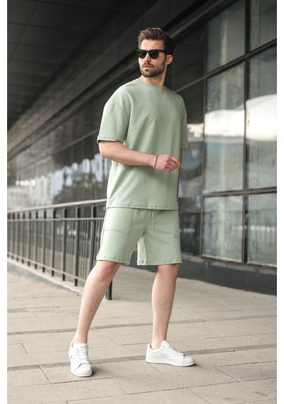Madmext Çağla Yeşili Bisiklet Yaka Oversize Erkek Şort T-shirt Takım E7355 Çağla Yeşili
