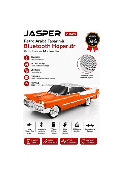Jasper Jpr-1508 Nostaljik Araba Tasarımlı Bluetooth Hoparlör 10w Güçlü Ses Fm Radyo Usb Tf Kart Destekli 10232111