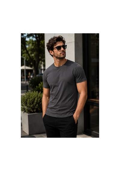 Luxıc Core Erkek Slim Fit Gri Bisiklet Yaka Pamuk Penye Günlük Rahat Basic Tişört