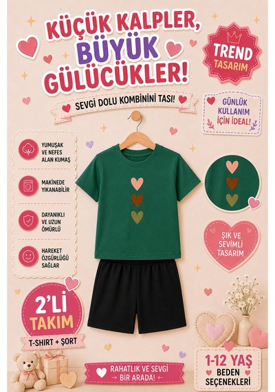 Overmax Sevimli Kalpler Baskılı Çocuk Takım Tişört & Şort 2 Li Kombin 1-12 Yaş Trend Yazlık Takım Yeşil - 882765983 Yeşil