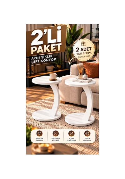 2'li C Sehpa Seti Modern Tasarım Yan Sehpa Beyaz Beyaz