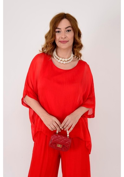Bohem Stil İtalyan Yarasa Kol İpek Bluz & Pantolon Takım-8767 Kırmızı