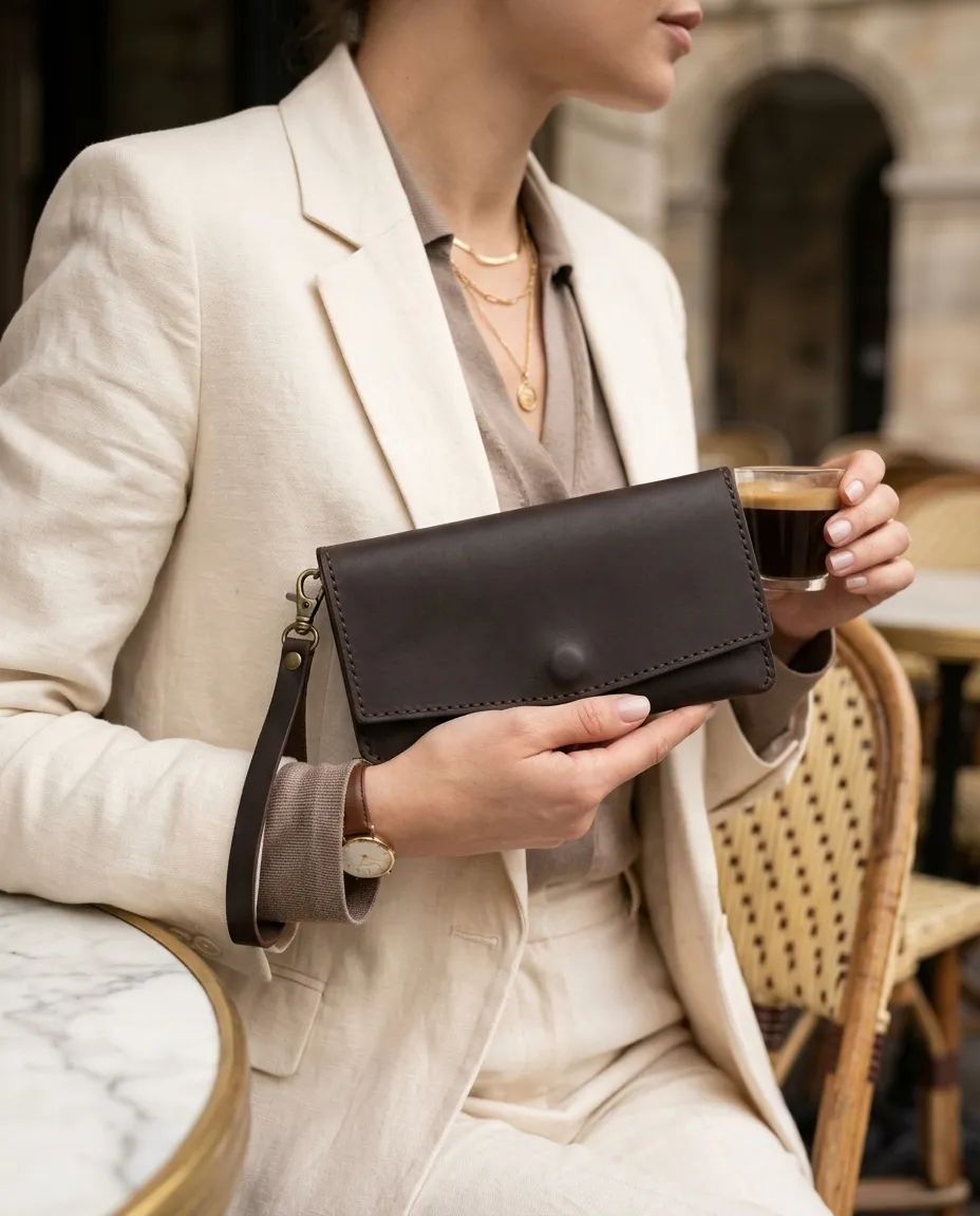 Natayleather %100 Hakiki Deri El Dikimi Acı Kahve Kadın El Portföyü Bileklikli Cüzdan Ve Çanta 20x10 Cm Acı Kahverengi