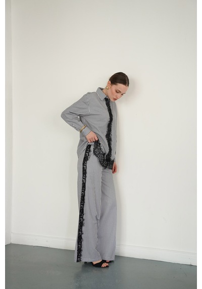 Verymoda Dantel Detaylı Çizgili Pantolon F2083 Siyah