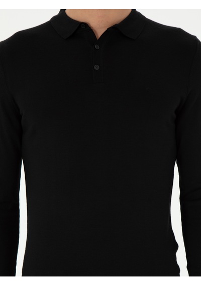Cacharel Siyah Slim Fit Yün Karışımlı Polo Yaka Basic Triko Kazak