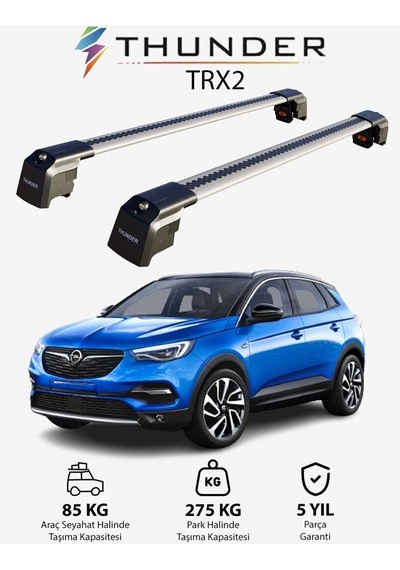 Opel Grandland X 2018-sonrası Trx2 Thunder Carrier Kilitli Ara Atkı Taşıyıcı Tavan Barı Gri