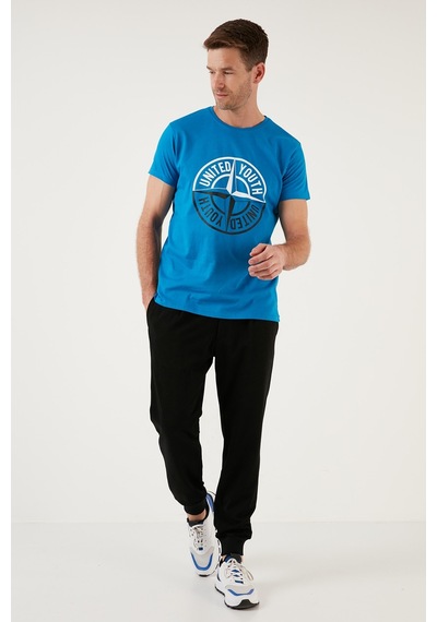 Buratti Baskılı Bisiklet Yaka Pamuklu Slim Fit Erkek T Shirt 541Pusula Mavi