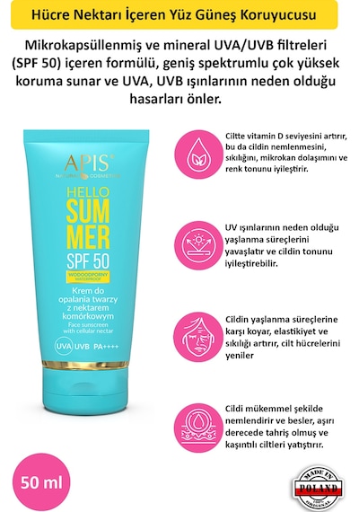 Apis Natural Hücre Nektarı İçeren Koruyucu Yüz Güneş Kremi SPF50 50 ML