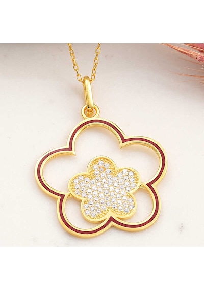 925 Ayar Gümüş Gold Çiçek Desenli Kadın Kolye Gri