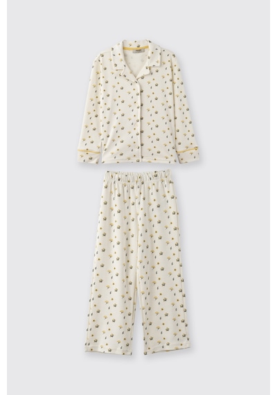 Panço Kız Çocuk Çiçek Desenli Pijama Takımı Ekru