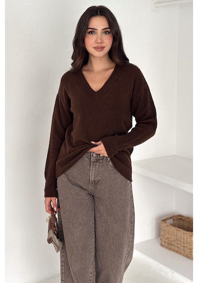 Noa & Noa Kadın V Yaka Triko Kazak Cozy Neutral kahverengi