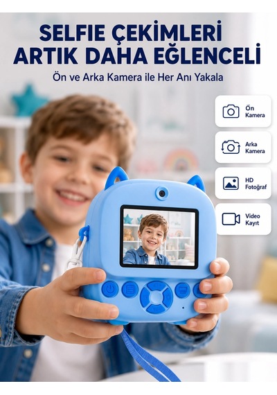 Selfie Özellikli Çocuk Fotoğraf Makinesi Mürekkepsiz Termal Baskı Teknolojisi