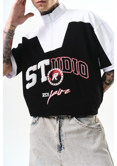 Respire Erkek Studio Nakışlı Yarım Fermuarlı Oversize T-shirt Siyah