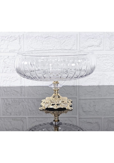Lotus Kristal 24 Cm Kesme Dekor Gold Döküm Ayak Salata Kasesi Cam Sunumluk & Salata Kase Naturel
