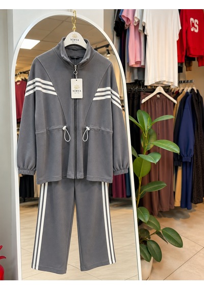 Nirva Butik Kadın Büyük Beden Şerit Fermuarlı İkili Takım Gri
