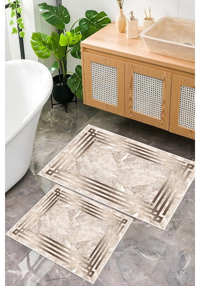 Dijital Baskı Mermer Desen Kaymaz Taban 2li Set Banyo Paspası Klozet Takımı 50x60cm-60x100cm Kahverengi