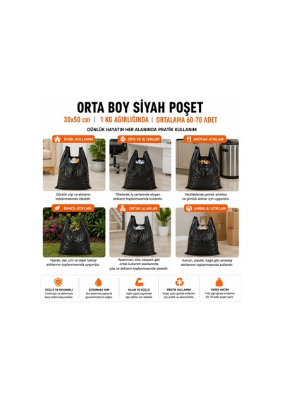 Siyah Atlet Market Manav Çöp Orta Boy Poşet 1 KG Dayanıklı Sızdırmaz Ev ve İş Yeri Çöp Torbası