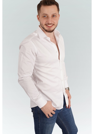 Beyaz Saten Slimfit Hediye Kutulu Erkek Gömlek Beyaz