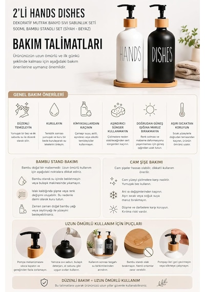 2 Li Hands Dishes Siyah Beyaz Cam Sıvı Sabunluk Seti 500 Ml, Bambu Standlı Dekoratif Mutfak &am Beyaz,siyah