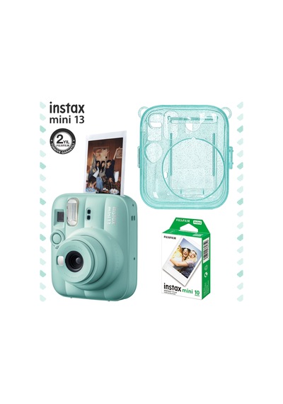 Instax Mini 13 Yeşil Fotoğraf Makinesi Simli Pleksi Kılıf Ve 10'lu Film Hediye Seti