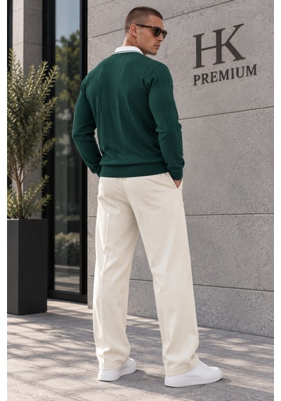 Hk Premium Erkek Polo Yaka Kontrast Çizgili Fitilli Triko Kazak Uzun Kollu, Dokulu Örme Kazak Yeşil Hk Premium Erkek Polo Yaka Kontrast Çizgili Fitilli Triko Kazak Uzun Kollu, Dokulu Örme Kazak Yeşil