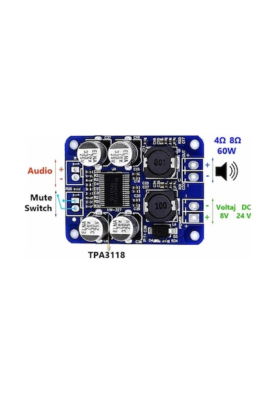TPA3118 60W Mono Digital Ses Amfi Modül DC 12V-24V Tek Kanal Class D Amplifikatör Amfi Amplifier