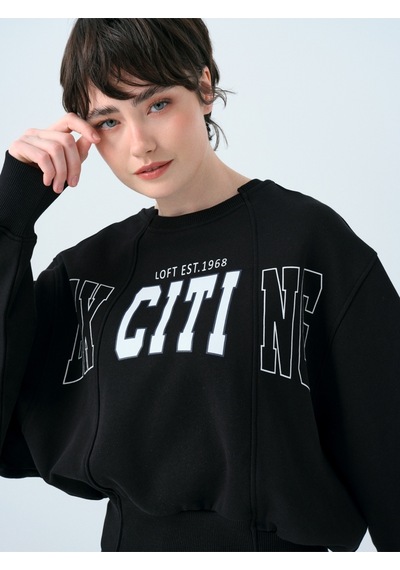 Regular Long Crop Kadın Sweatshirt Siyah