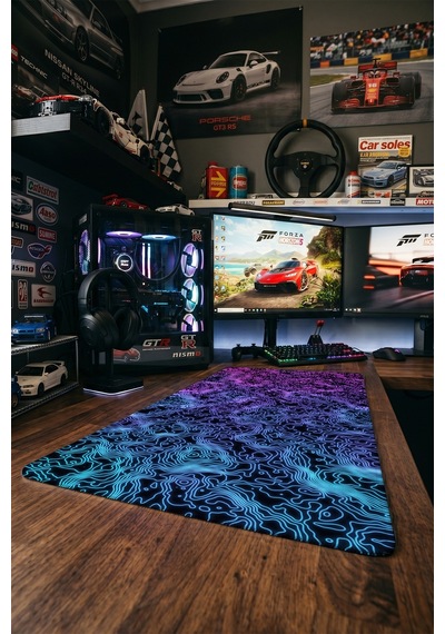 Neon Topografik Gaming Mousepad Xxl 90x40 Cm Kaymaz Taban Dikişli Kenar Oyuncu Masa Pedi Mor