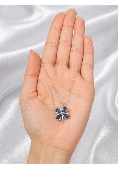 Çekirdekjewelry Mavi Taşlı Yonca Kolye 925 Ayar Gümüş Zarif Kadın Kolyesi Gri