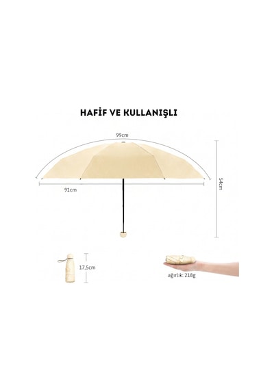 Bosile Uv Korumalı Portatif Katlanabilir Şemsiye Su Geçirmez Özel Kılıflı Kompakt Tasarım Krem