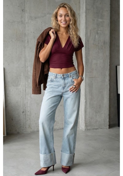 Bordo Büzgülü Kruvaze Yaka Sandy Bluz Mg2781