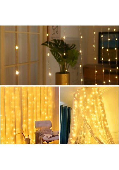 Light Home 300 Led Işık Perdesi 3x3 Metre Sıcak Beyaz Usb Bağlantılı 8 Farklı Işık Modlu Dekoratif Perde Led I Diğer