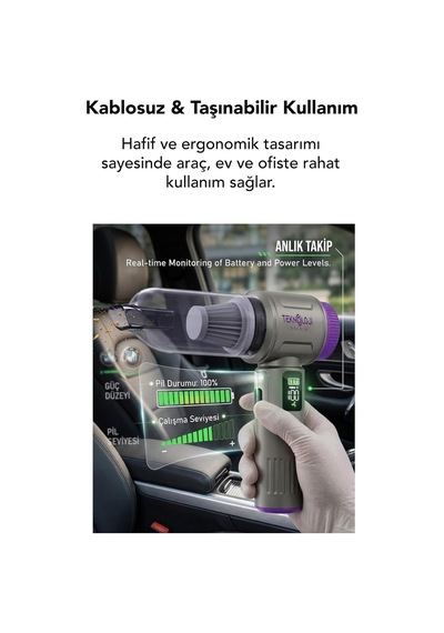 Araç İçi Süpürge Kablosuz Işıklı Göstergeli 20.000 Pa 9başlık Yedek Filtre Çantalı Çekim&üf Siyah