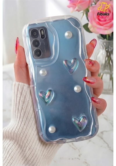 Fibaks Oppo A16 Uyumlu Kılıf 3d Kalpli İnci Tasarımlı Desenli Kamera Korumalı Şeffaf Silikon Kapak