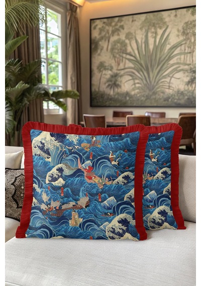 Japon Dalgası Deniz Temalı Saçaklı Yastık Kılıfı-canlı Mavi Kırmızı Eklektik Püsküllü Kırlent Kılıfı Çok Renkli