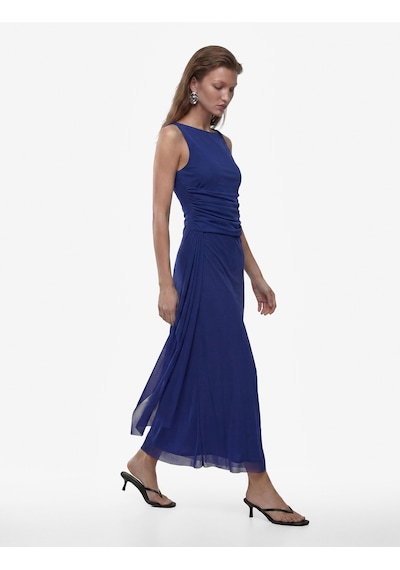 Koton Slim Fit Asimetrik Drapeli Kayık Yuvarlak Yaka Kolsuz Midi Elbise Mavi 6sak80074uk