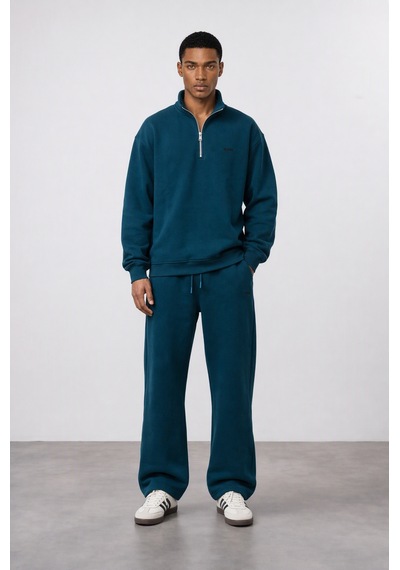 Erkek Respire Basic Half Zip Oversize Sweatshirt Zümrüt Zümrüt Yeşili