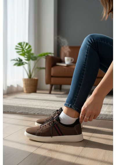 Enoch Hakiki Deri Lastikli Yazlık Kırmızı Şerit Detaylı Erkek Sneaker Ortopedik Taban Kahverengi