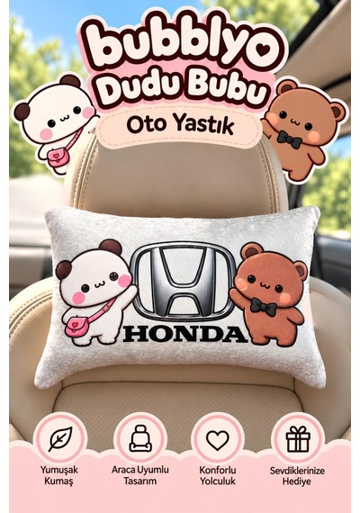 Bubblyo Honda Temalı Dekoratif Oto Yastığı Sevimli Çift Tasarım Beyaz Beyaz