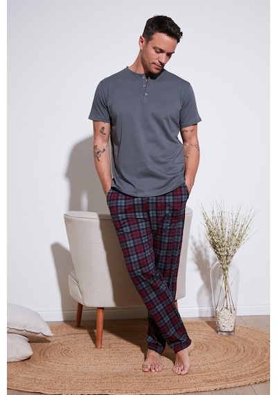 Buratti Ekoseli Pamuklu Beli Lastikli Regular Fit Kısa Kollu Erkek Pijama Takımı 6572004 Füme