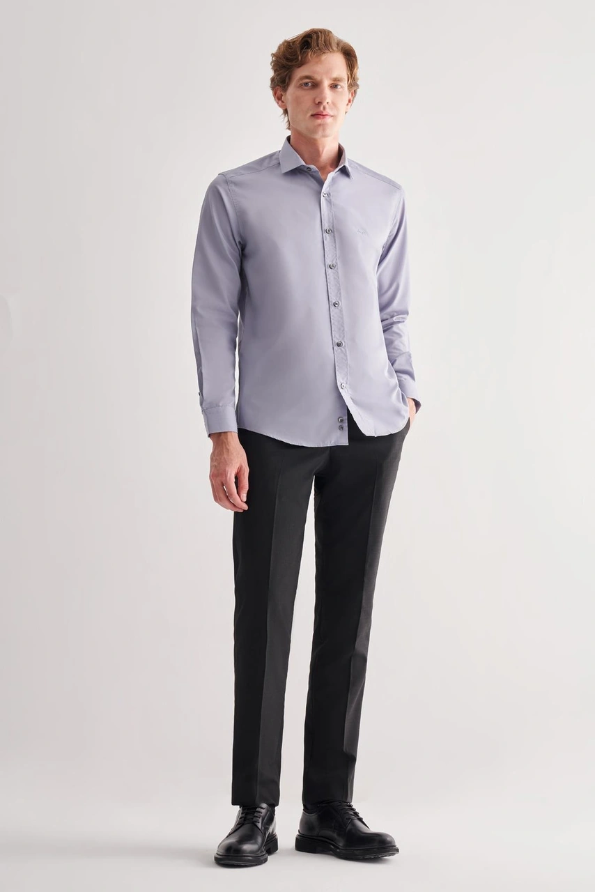 İmza Koyu Gri Yarım İtalyan Yaka Uzun Kol Slim Fit Pamuklu Gömlek 1004255180 Koyu Gri