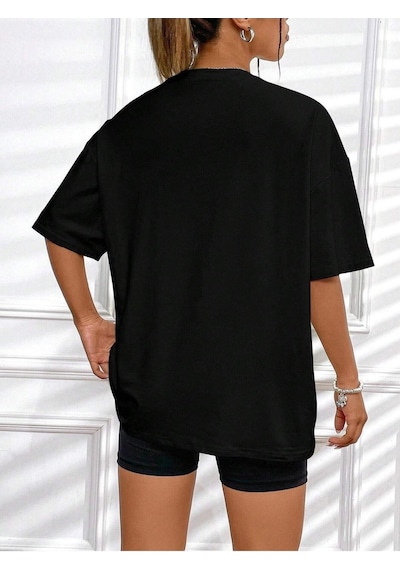 Malibu Kalp T-shirt - Siyah Baskılı Oversize Bisiklet Yaka Kısa Kol SIYAH