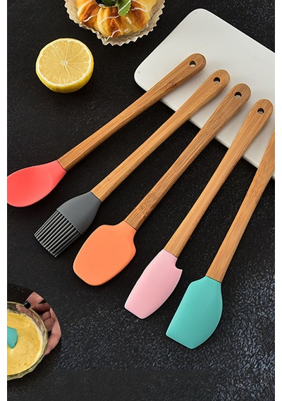 5 Parça Mini Silikon Spatula Kaşık Fırça Seti - High Quality - Bambu Saplı Karışık