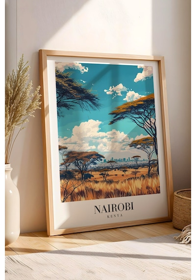 Nairobi Kenya Vintage Seyahat Posteri Çerçeveli Tablo - Premium Afrika Savana Elit Duvar Dekoru Kayın