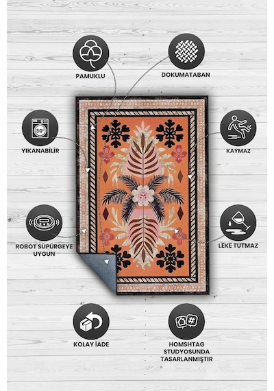 Homshtag Art Deco Bitki Temalı Turuncu Siyah Etnik Desenli Halı Dijital Baskı Rustik Çiçekli Halı Çok Renkli