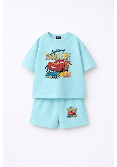 Fasardi Cars Arabalar Şimşek Mcqueen Baskılı Oversize %100 Pamuk Tişört Şort Çocuk 2li Takım Bebek Mavi